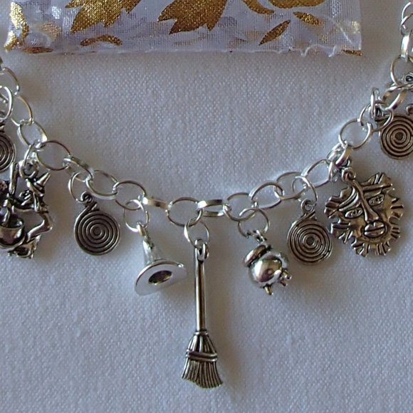 Wicca Witch Pagan Theme Charm Bracelet SP Handcrafted + Organza Roses Gift Bag - Picture 4 of 8